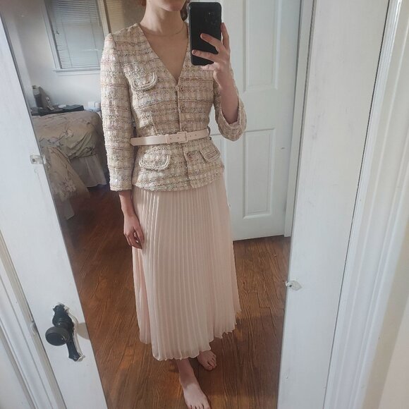 SELF-PORTRAIT Pink Sequin Boucle Midi Pleated Dress - Picture 1 of 14